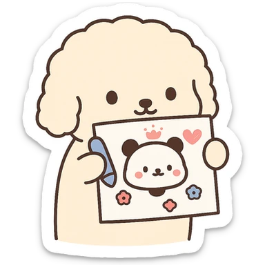 Transform the image into a WhatsApp sticker by removing the background, leaving only the cute dog holding the drawing. Add a thick white border around the dog for a sticker effect, enhance the outline to make the visual cleaner and more fun. sticker
