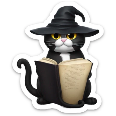 A black cat wearing a black wizard hat reading a book sticker