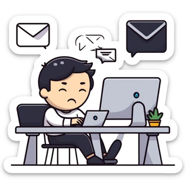 Person taking a deep breath with eyes closed, sitting at desk with email notification on screen sticker