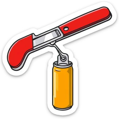 manual can opener with red plastic handle and silver metal cutting edge sticker