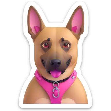 Add a pink harness, pink muzzle, and pink collar to the Belgian Malinois dog, keeping the 3D emoji iOS 18 style sticker