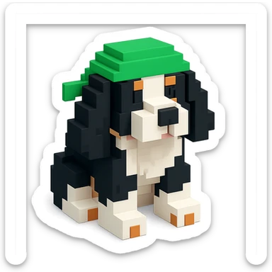 A black and white Russian Cocker Spaniel puppy wearing a green durag, voxel style, sitting sticker