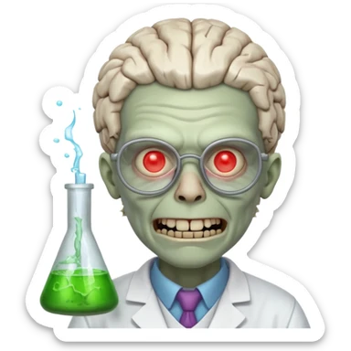 mad experiment zombie scientist portrait, head and shoulders only, exposed brain glow, broken glasses, evil grin, horror lab vibe, 3D cartoon, mobile game icon style, clean background, no text, no watermark
 sticker