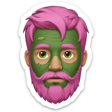 pink haired man with full full face dirty messy green clay mask and beard sticker