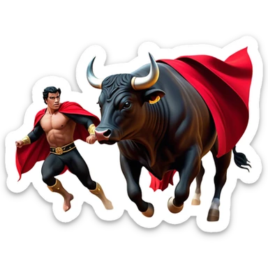​Cinematic Realistic black charging bull, against a matador depicted in a flowing red cape, captured in the dramatic moment of confronting a charging bull in a traditional bullring, rendered with dynamic motion and dramatic lighting that encapsulates the intensity and artistry of the spectacle, sticker