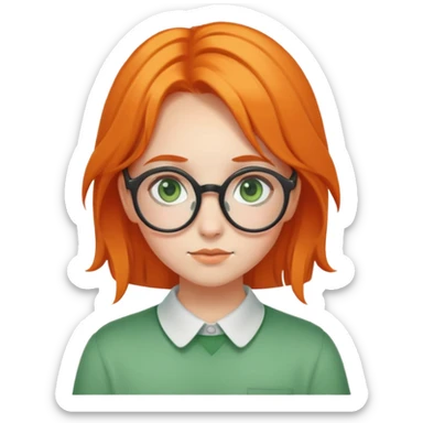 orange-haired shy nerd girl with round glasses and green eyes sticker