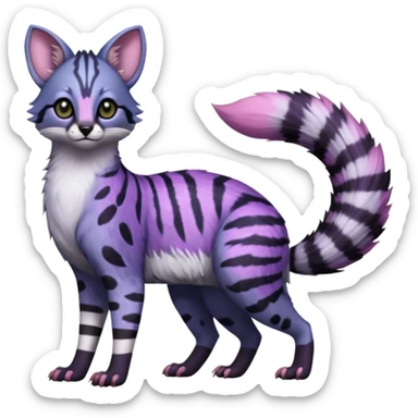 Beautiful fluffy elegant spotted dotted thick puffy hyper-realistic lifelike furry Indigo, purple, violet, pink, Civet-Genet-Possum-Serval-Caracal-Sergal-Trico-Numbat-Furret-fusion-Fakemon-hybrid-creature (full body) with long tufted ears and a striped tufted tail  sticker