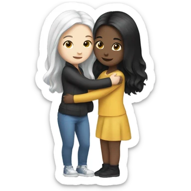 Two girls hugging. Both have long black hair and white skin sticker