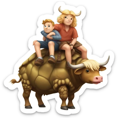 turtle getting a piggy back ride from a highland cow sticker