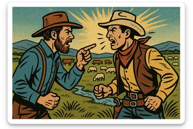 A homesteader having an argument with a cattle rancher cowboy in the grasslands of the American West in the 1870s. There are cattle and sheep grazing in the background with a small stream running through the land. sticker