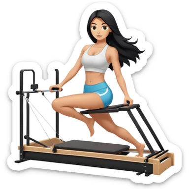 woman with tanned skin, long black hair, wearing a sports bra, doing exercise on a Pilates reformer machine sticker