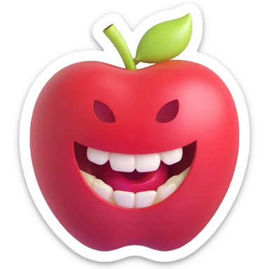 happy face mid-bite into a shiny apple, clear bite mark, bright and glossy, fun and lively sticker