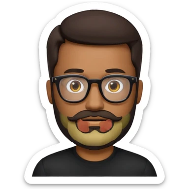 create a emoji man with beard black and dark brown hair , and glasses wooded color, sunkissed skin color, with a IA simbol and black shirt sticker