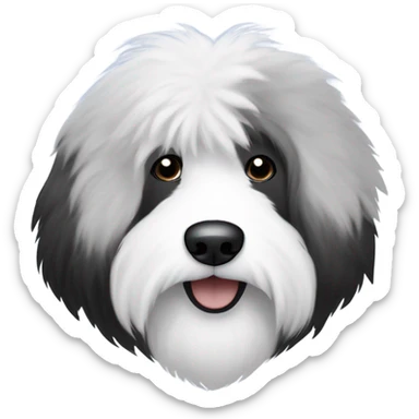 Fluffy Old English sheepdog face with the left half of his face white and the black half of his face black. White around the mouth and nose sticker