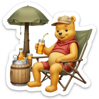 Winnie the poo drinking beers at a campsite with a jar of honey in his camp chair  sticker