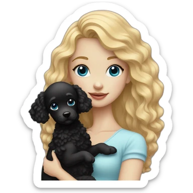 blonde girl with blue eyes holding black puppy poodle sticker
