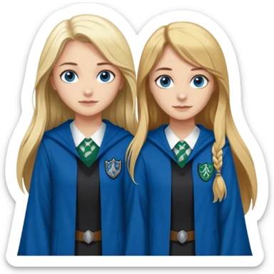 a pretty ravenclaw girl with long brown hair and blue eyes standing with a hot Slytherin girl with long blonde hair, blue eyes sticker