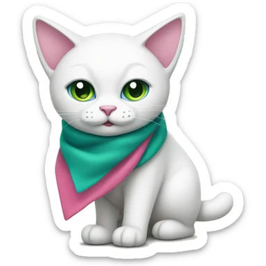 a full-length white cat with wide eyes (one is blue, the other is green), with a pink triangular scarf around her neck sticker