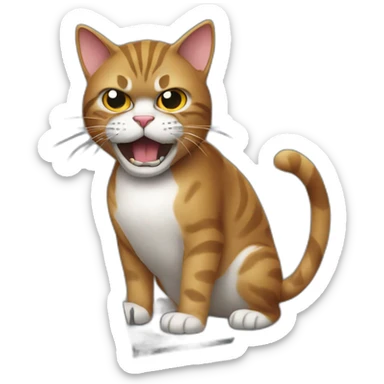 angry cat typing in front of a black laptop sticker