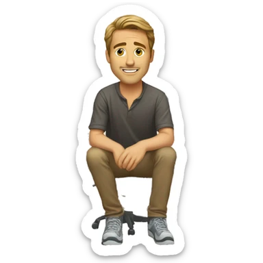 white brown haired man kneeling on floor in front of computer desk sticker