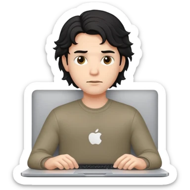guy with wavy black hair and skin tone a little bit white, with a macbook sticker