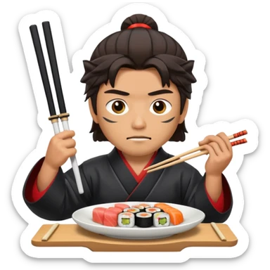 Man with wide eyes eating sushi in a samurai outfit wide eyes sticker