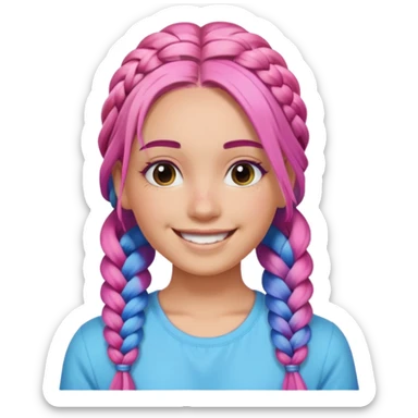 Woman with braided rainbow hair, happy — long braids fading from pink to blue sticker