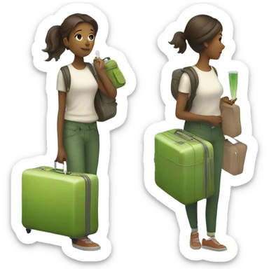 A girl with a luggage and a matcha tea sticker