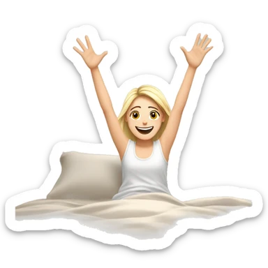 Happy pale girl wakes up in bed and stretches hands up in the air  sticker