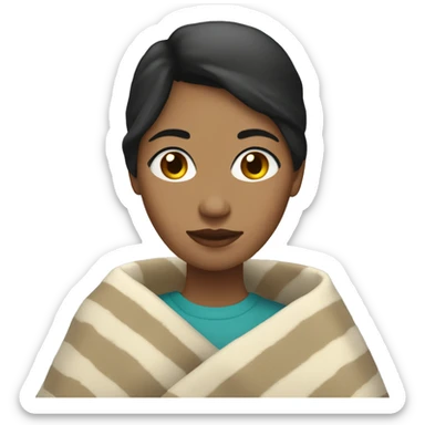 A woman with dark hair and light skin and wearing a blanket while drinking a cup of coffee  sticker