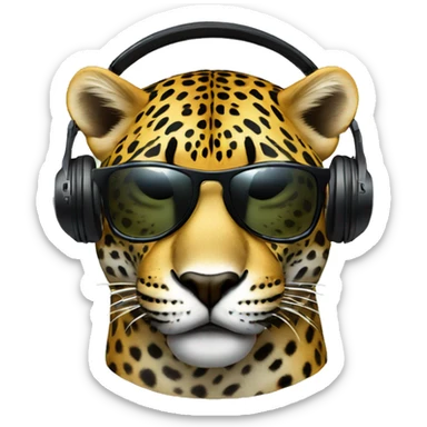 jaguar dj, emoji head, looking forward, wearing dark sunglasses, wearing over-ear headphones on top of head sticker