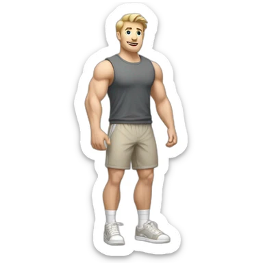 Full height Actively gesturing with hands Pale skinned Fit Man With the biceps and light brown hair with Bristle in dark gray Sleeveless Mike, beige oversize sports shorts and white Sneakers sticker
