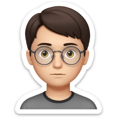 BRUNETTE teen boy with medium short middle parted hair, GREY eyes, round Glasses looking judging to the Side sticker