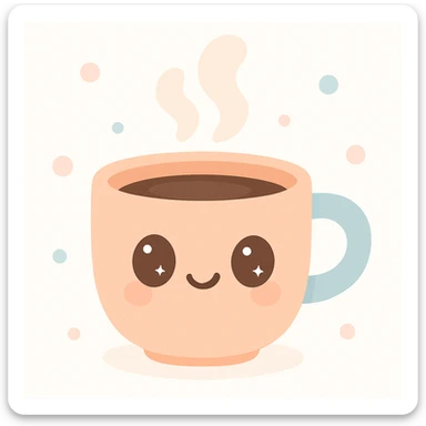 espresso coffee, cute style, smiling face on cup, steam rising, warm colors sticker
