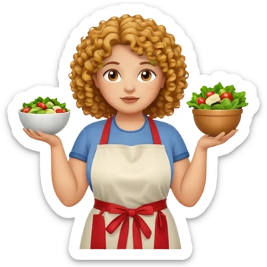 Cute emoji avatar of a plus size woman with curly hair, warm skin tone, wearing a casual kitchen apron thinking expression, holding a bowl of salad., sticker