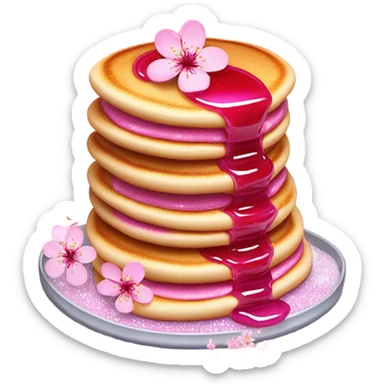 Stack of light pink pancakes with hot pink syrup and glitter and garnished with cherry blossoms sticker
