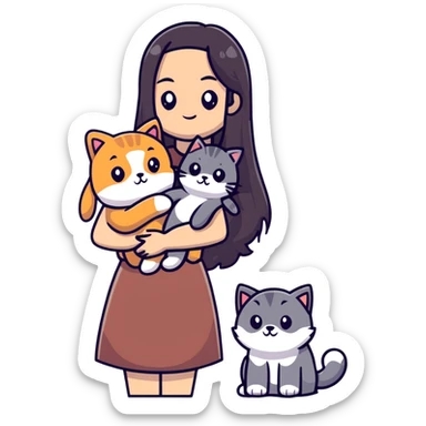 Woman with long dark hair holding pets: teddy bear, dog, and cat sticker