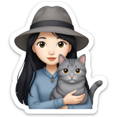 An Asian girl with long black hair, a hat, and a long gray Maine cat in her arms sticker