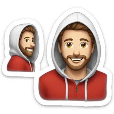 white dude smiling with a brown beard and short brown hair with a red hooded hoodie with "Posh" on the hoodie sticker