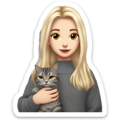 Blond chin lenght hair girl with a curtain bangs and middle part in a HEX code #cde3fd coloured sweater holding a dark grey tabby cat with white paws and face sticker