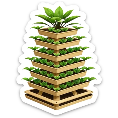 Very Large alien-futuristic multi-tier multi-level square plant rack, which holds thirty-five plants, constructed from plywood sticker
