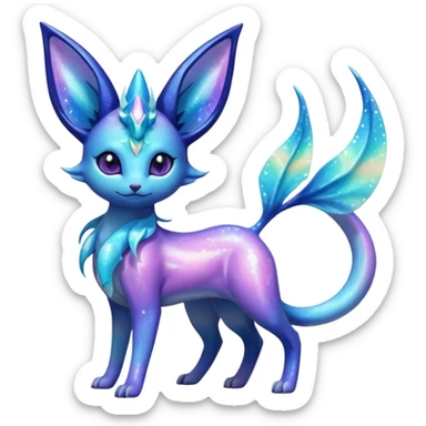 Shiny Iridescent Sparkly Nebulae Espeon-Lumineon-Vaporeon-Amaura-Glaceon-Dragonair-Fakémon-hybrid-creature (full body)  with a galaxy-dust-flowing-gradient-tail sticker