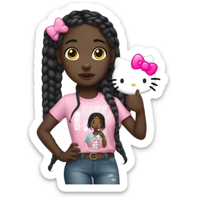 A dark skin girl with black knotless braids and a hello kitty shirt holding a thumbs ip sticker