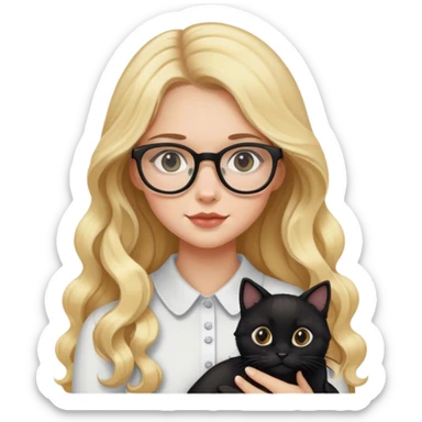 Blonde girl with glasses and long wavy hair holding a black cat  sticker