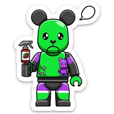 Lego style bearbrick with wild graffiti art patterns, X eyes, holding a spray paint can, vibrant colors sticker