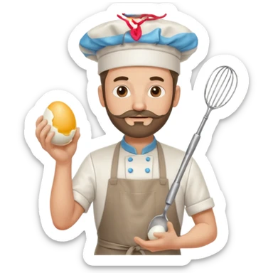 Middle aged male pastry chef - with a small beard, apron, white hat, holding an egg beater in his right hand, and his left hand naturally hanging down to his side sticker