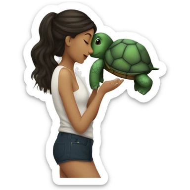 A white girl with dark hair kisses a little turtle sticker