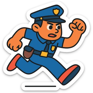 Swap the positions of the right and left foot of the running police officer while maintaining the same lively pose and style, no background. sticker