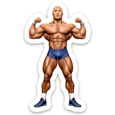 Dwayne Johnson, oiled and posing at the Mr. Universe bodybuilding championship, showcasing his muscular physique in an iconic display of strength. The background features the stage with judges and audience, capturing the intensity and prestige of the competition. Transparent background. sticker