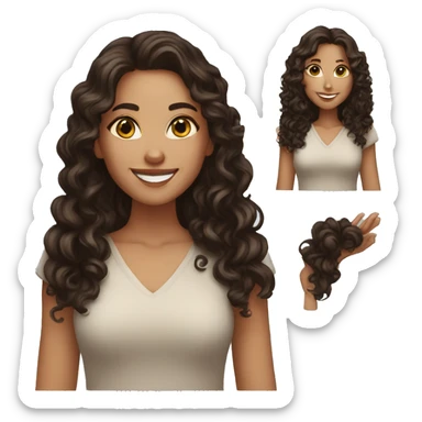 White woman, long dark brown curly hair, happy, say hello with sher hands sticker